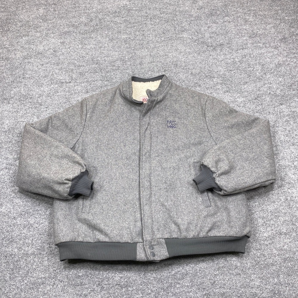 Vintage Wiman Jacket Mens XL Gray Wool Silk Blend Sherpa Lined Bomber Bull Logo